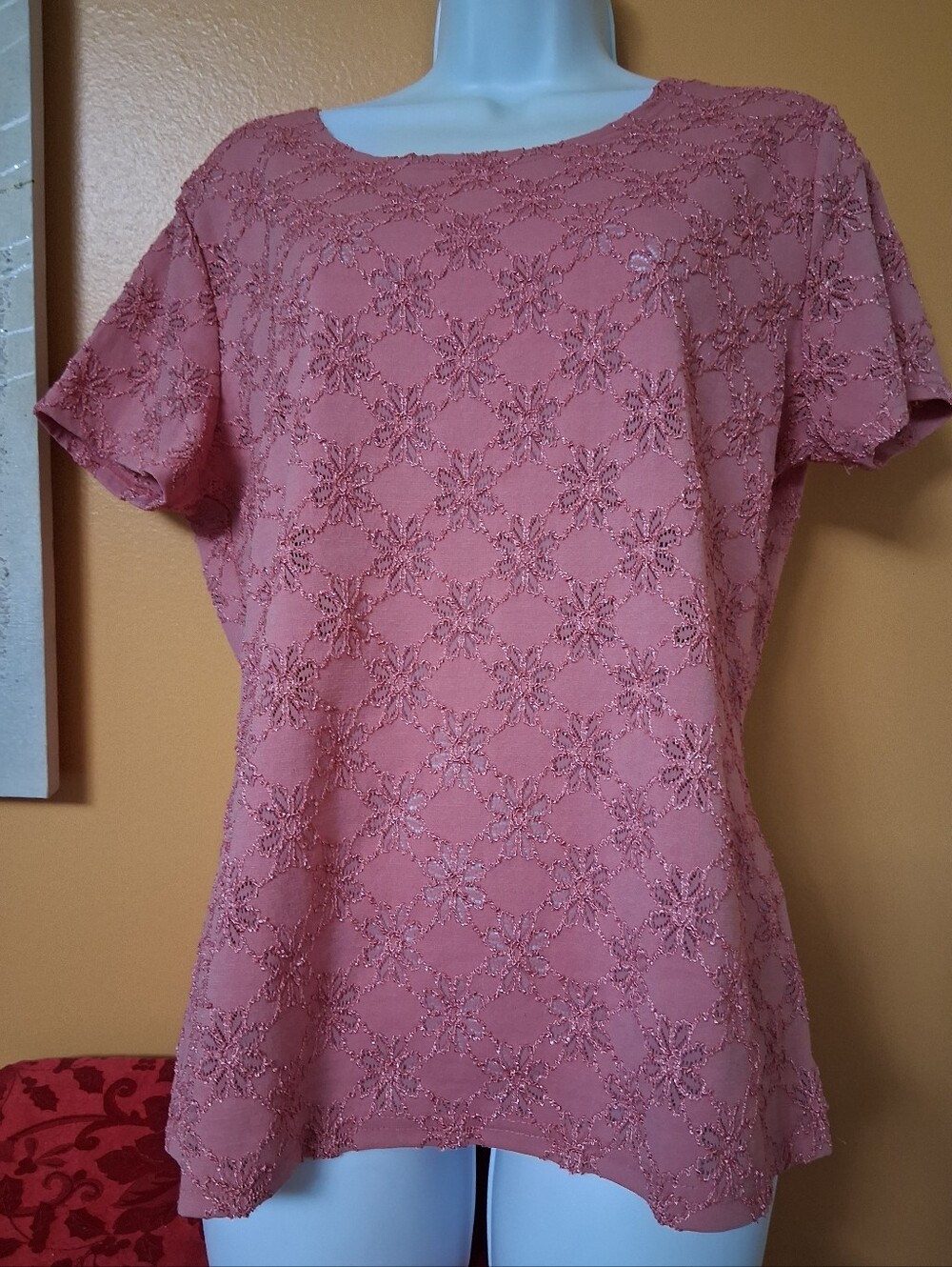 Covington Rose-Pink Beaded Floral Short Sleeve Blouse
